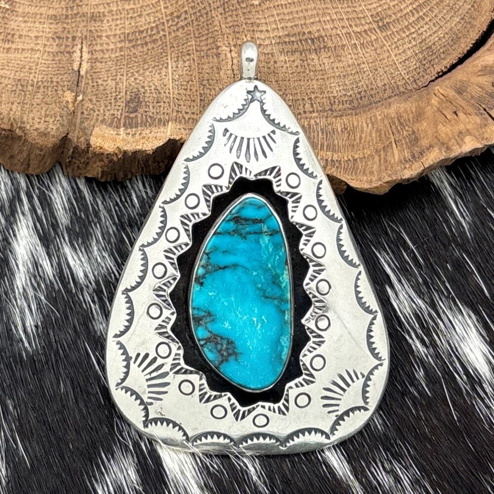 KEYBAHI LEWIS Native American Navajo Sterling Silver Turquoise Triangle Pendant